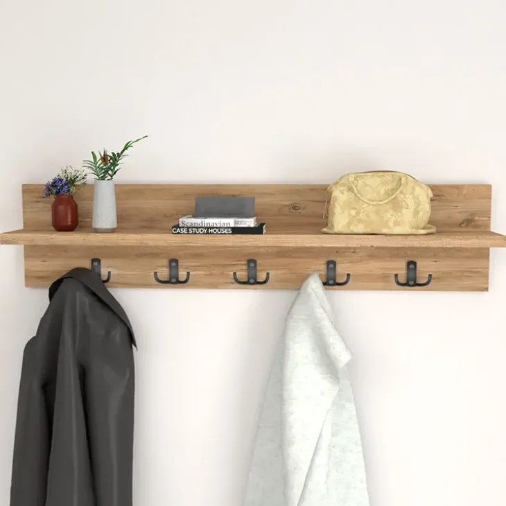 Appendiabiti da parete 80x18h cm con mensola rovere rustico Makira