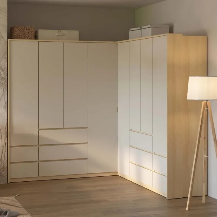 Armadio angolare 235x215h cm 8 ante 10 cassetti beige cashmere rovere Elvira