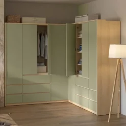 Armadio angolare 234x215h cm 8 ante 10 cassetti verde salvia rovere Elvira