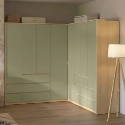 Armadio angolare 234x215h cm 8 ante 10 cassetti verde salvia rovere Elvira