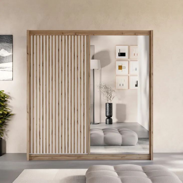Armadio cannettato 203x215h cm 2 ante scorrevoli rovere bianco Ciang
