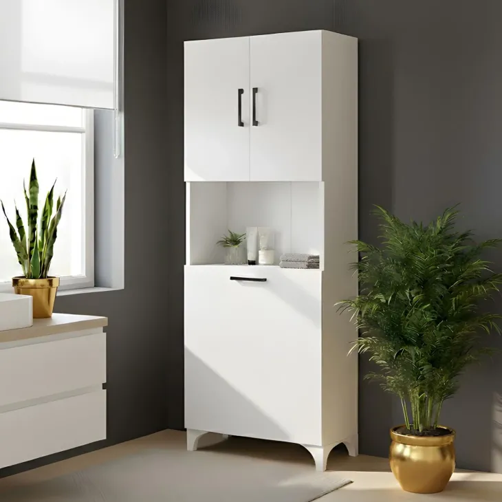 Armadio lavanderia 60x154h cm con cesto porta biancheria 2 ante e vano a giorno bianco Klara