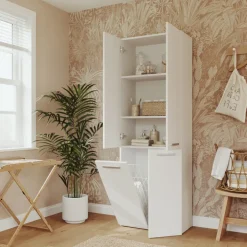 Armadio lavanderia 60x174h cm con cesto porta biancheria e 3 ante bianco Grangy