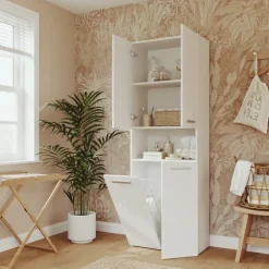 Armadio lavanderia 60x174h cm con cesto porta biancheria e 3 ante e vano a giorno bianco Grangy