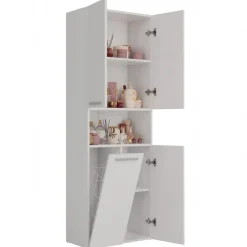 Armadio lavanderia 60x174h cm con cesto porta biancheria e 3 ante e vano a giorno bianco Grangy