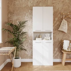 Armadio lavanderia 60x174h cm con cesto porta biancheria e 3 ante e vano a giorno bianco Grangy