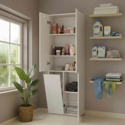 Armadio lavanderia 60x174h cm con cesto porta biancheria e 3 ante beige cashmere Melanie