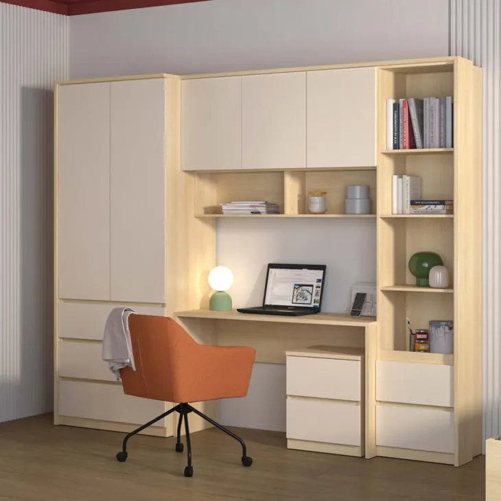 Armadio per cameretta 251x215h cm con scrivania beige cashmere rovere Elvira