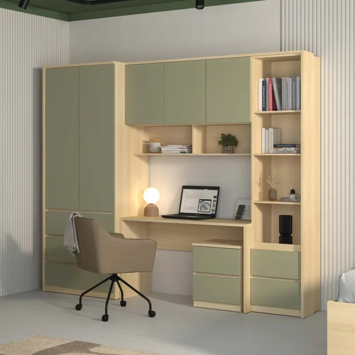 Armadio per cameretta 251x215h cm con scrivania e libreria verde salvia rovere Elvira