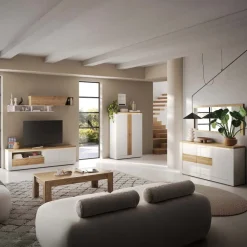 Armadio soggiorno 114x160h cm 2 ante con led bianco lucido rovere chiaro Istria