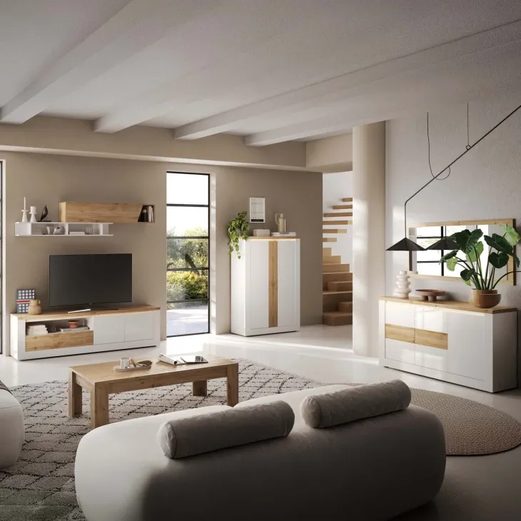 Armadio soggiorno 114x160h cm 2 ante con led bianco lucido rovere chiaro Istria