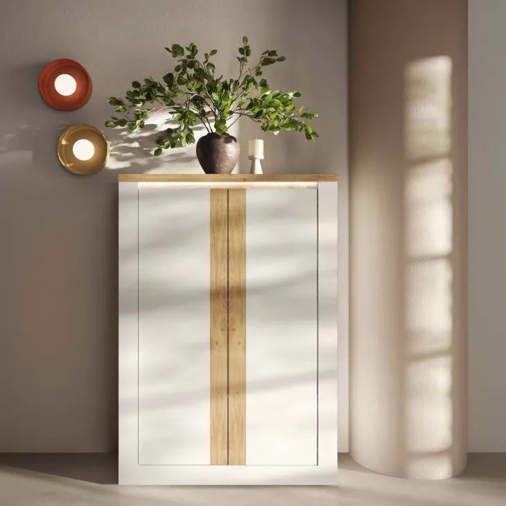 Armadio soggiorno 114x160h cm 2 ante con led bianco lucido rovere chiaro Istria