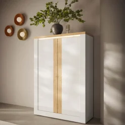 Armadio soggiorno 114x160h cm 2 ante con led bianco lucido rovere chiaro Istria