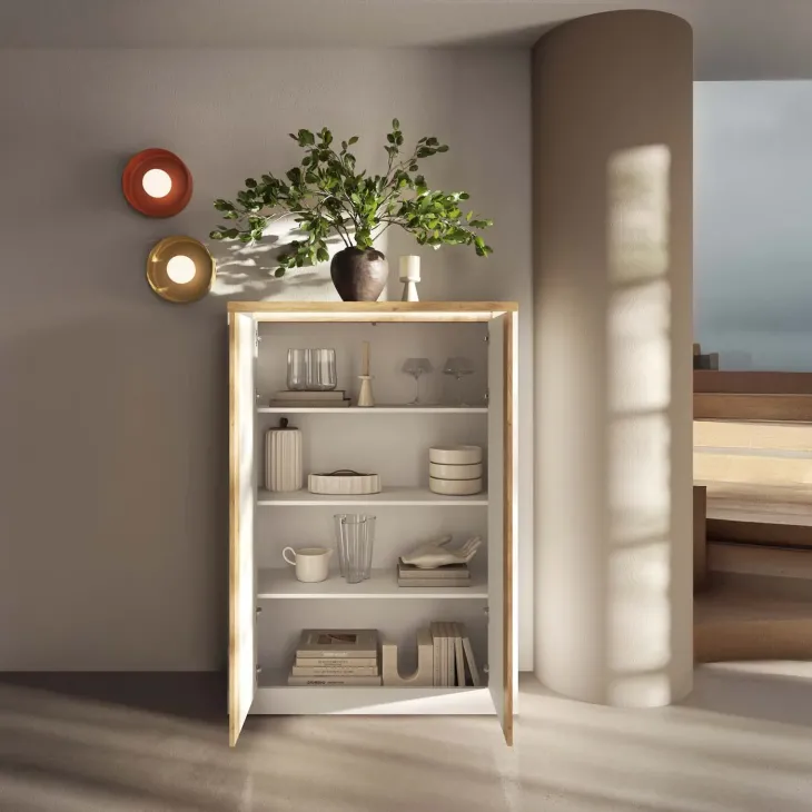 Armadio soggiorno 114x160h cm 2 ante con led bianco lucido rovere chiaro Istria