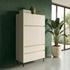 Armadio soggiorno 80x165h cm 4 ante 2 cassetti beige cashmere rovere chiaro Linfa