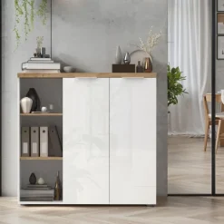 Armadio ufficio 120x115h cm 2 ante 3 vani bianco lucido rovere chiaro Opera