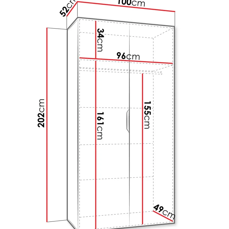 Armadio 100x202 cm 2 ante con specchio nero opaco Valencia