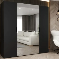 Armadio 200x202 cm 4 ante con specchio nero opaco Valencia