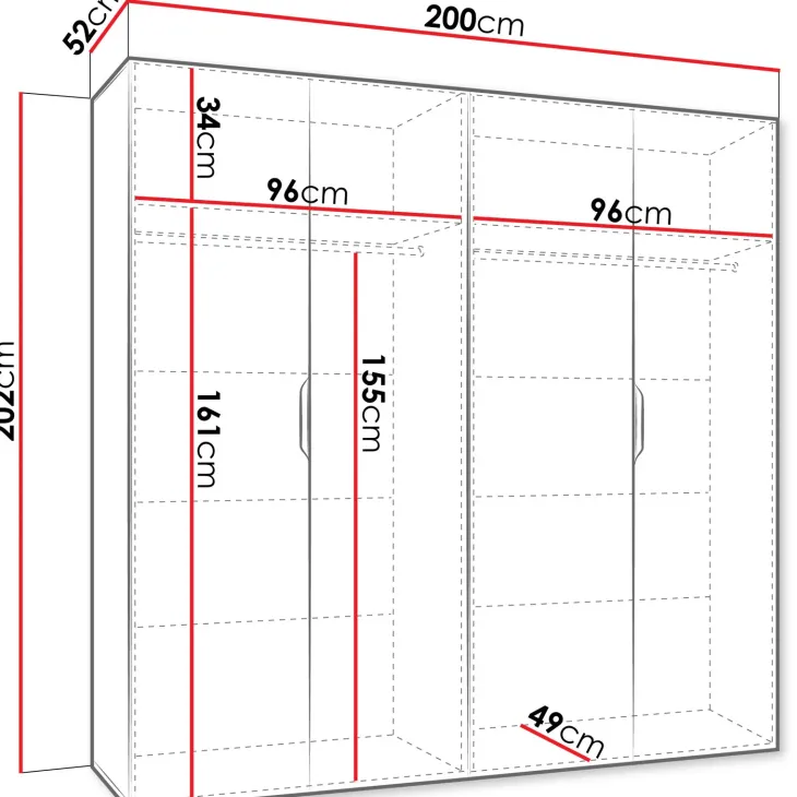 Armadio 200x202 cm 4 ante con specchio bianco opaco Valencia