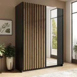 Armadio 150x198h 2 ante scorrevoli cannettato con specchio nero rovere Ophelia