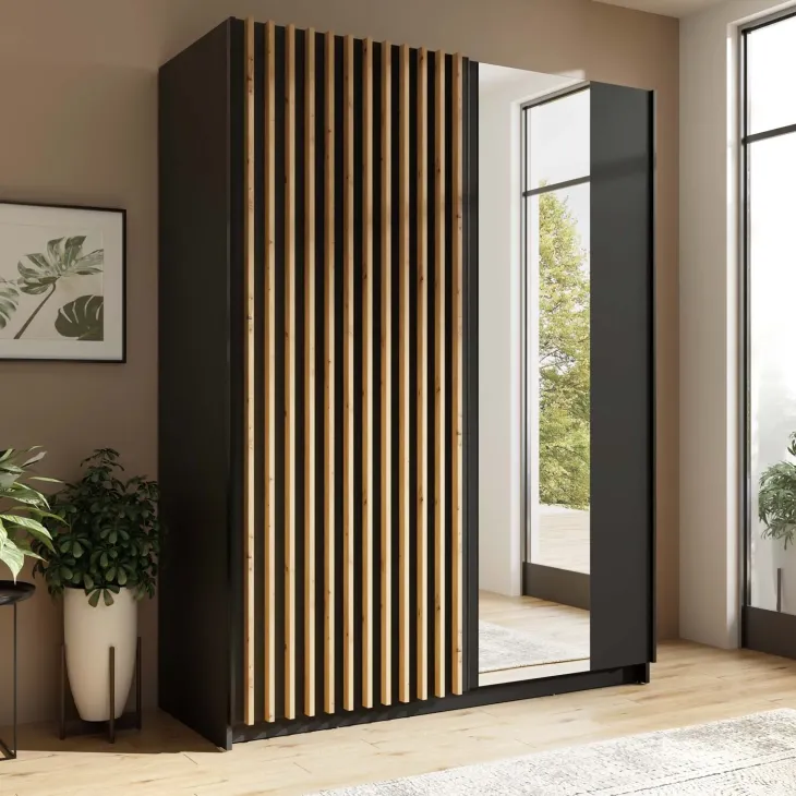 Armadio 150x198h 2 ante scorrevoli cannettato con specchio nero rovere Ophelia