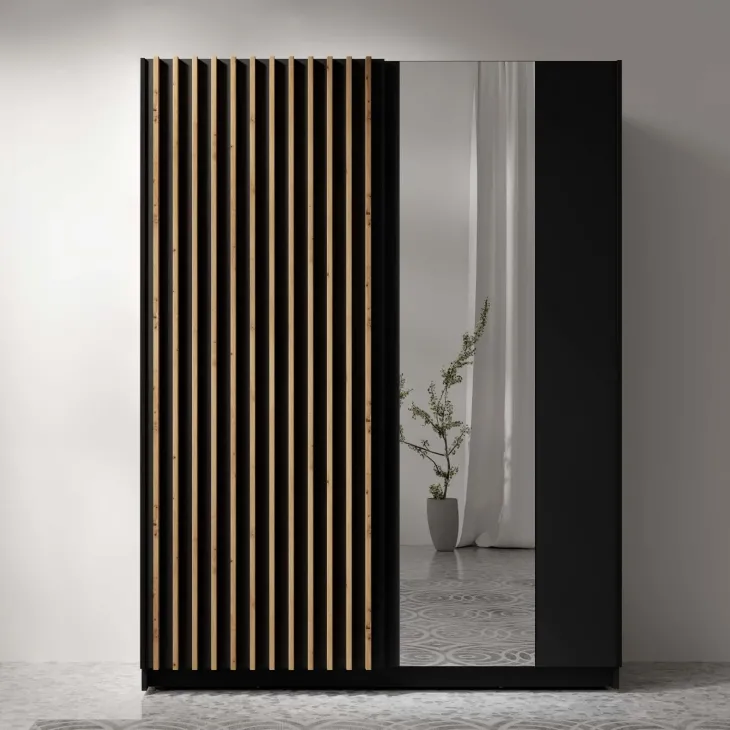 Armadio 150x198h 2 ante scorrevoli cannettato con specchio nero rovere Ophelia