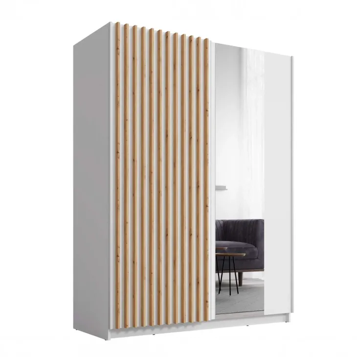 Armadio 150x198h 2 ante scorrevoli cannettato con specchio bianco rovere Ophelia