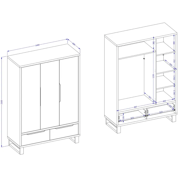 Armadio 145x210h cm 3 ante battenti 2 cassetti rovere Petra