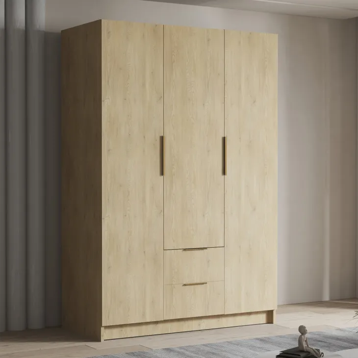 Armadio 150x216h cm 3 ante battenti 2 cassetti rovere Ampy