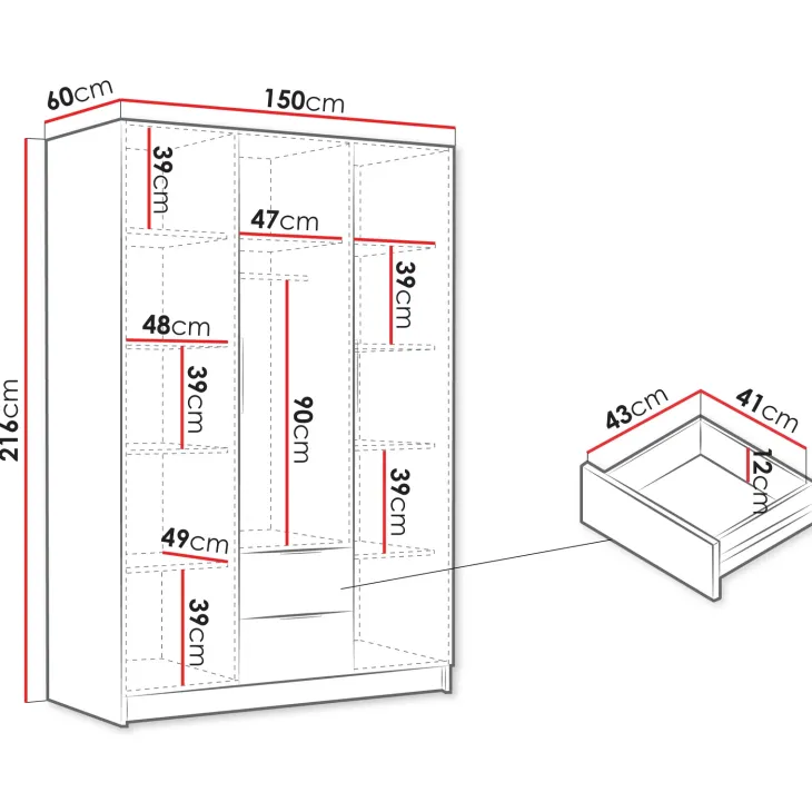 Armadio 150x216h cm 3 ante battenti 2 cassetti rovere Ampy