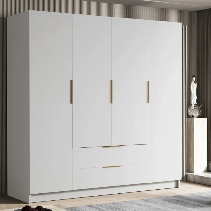 Armadio 200x216h cm 4 ante battenti 2 cassetti bianco opaco Ampy