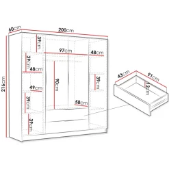 Armadio 200x216h cm 4 ante battenti 2 cassetti nero opaco Ampy