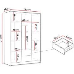 Armadio 150x216h cm 3 ante battenti con specchio 2 cassetti bianco opaco Ampy