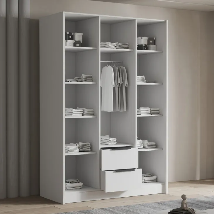 Armadio 150x216h cm 3 ante battenti con specchio 2 cassetti bianco opaco Ampy
