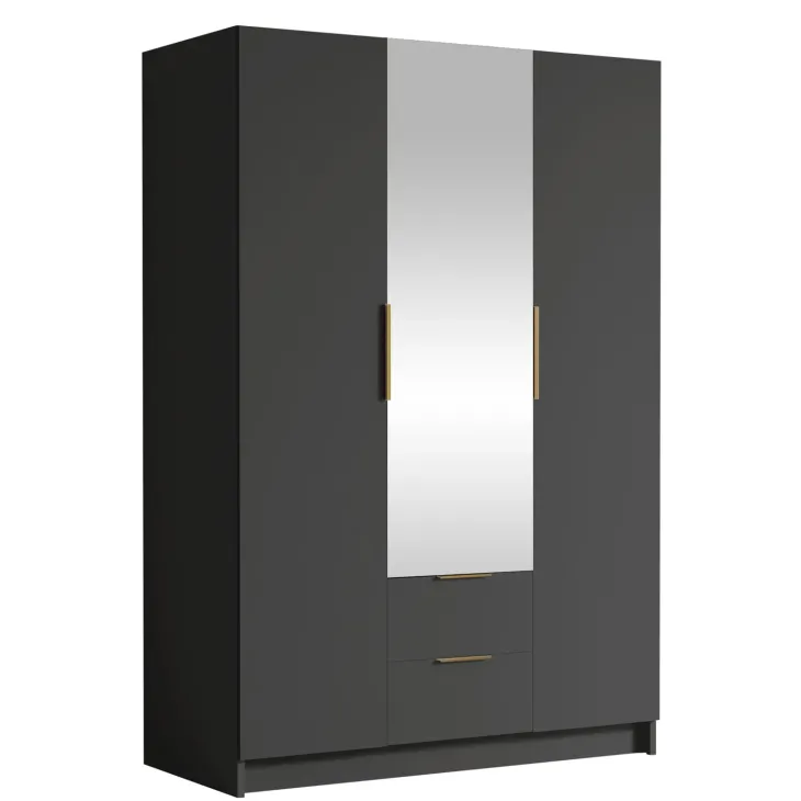 Armadio 150x216h cm 3 ante battenti con specchio 2 cassetti nero opaco Ampy