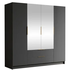 Armadio 200x216h cm 4 ante battenti con specchio 2 cassetti nero opaco Ampy