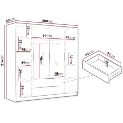 Armadio 200x216h cm 4 ante battenti con specchio 2 cassetti nero opaco Ampy