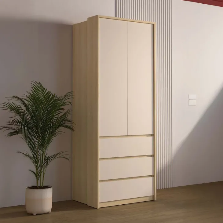 Armadio 80x215h cm 2 ante 3 cassetti beige cashmere rovere Elvira