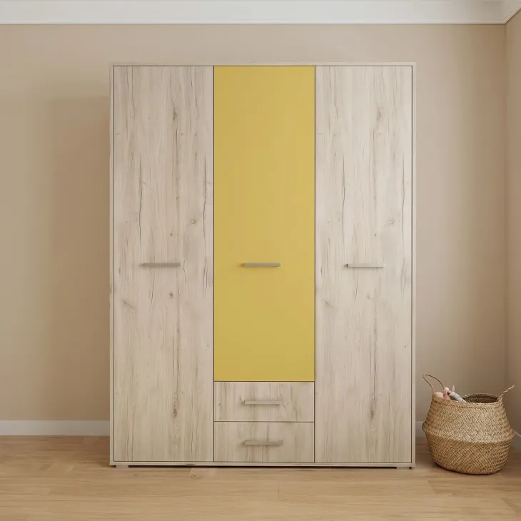 Armadio 150x201h cm 3 ante 2 cassetti bianco frassinato giallo Bra