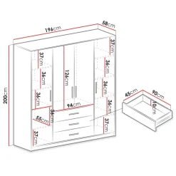 Armadio 196x200h cm 4 ante 3 cassetti con specchio rovere sonoma Sottosogno