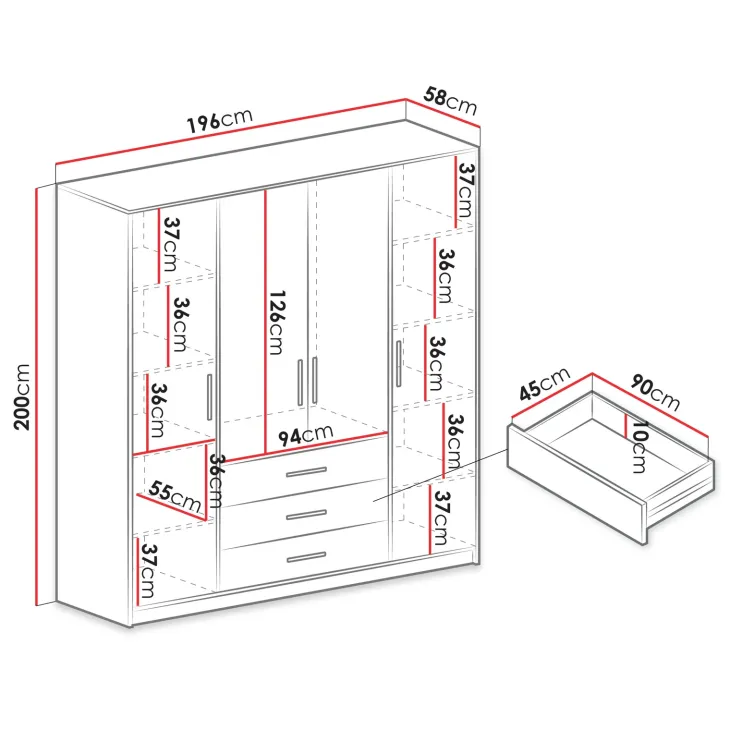 Armadio 196x200h cm 4 ante 3 cassetti con specchio bianco Sottosogno