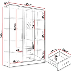 Armadio 153x202h cm 3 ante 2 cassetti con specchio bianco opaco Enirel