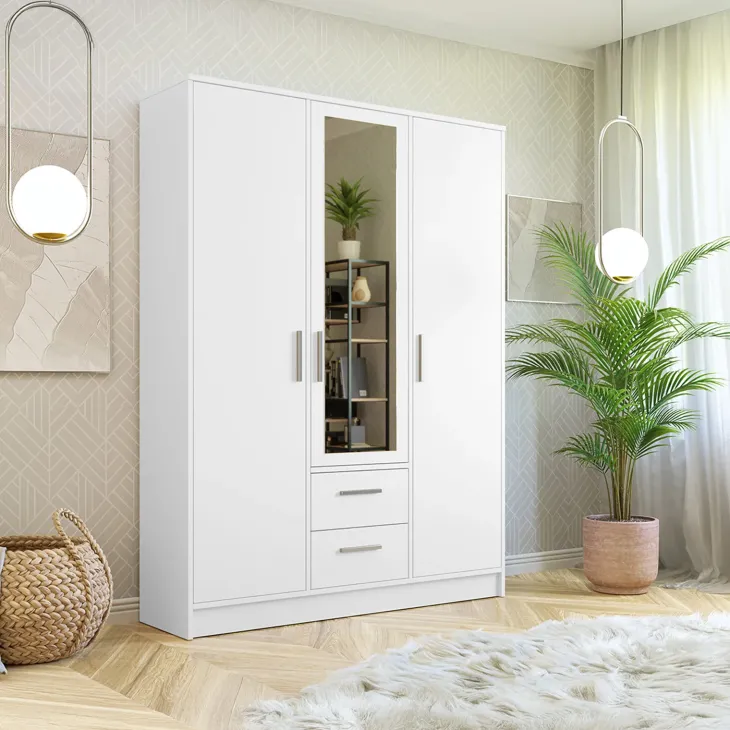 Armadio 153x202h cm 3 ante 2 cassetti con specchio bianco opaco Enirel