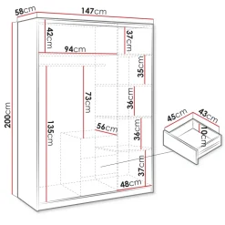 Armadio 147x200h cm 3 ante 3 cassetti con specchio bianco Sottosogno