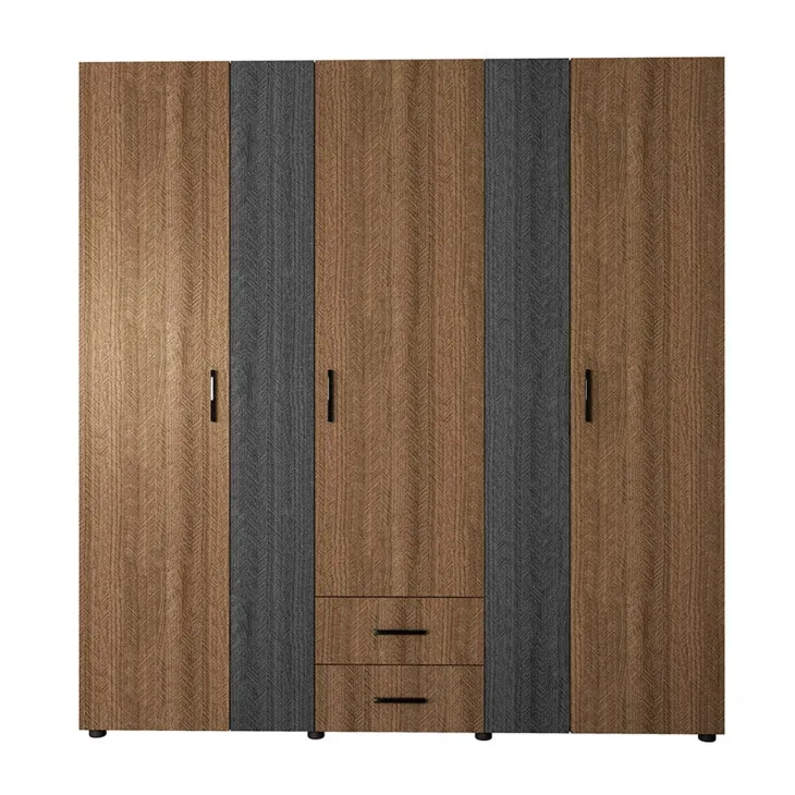 Armadio 190x202h cm 5 ante 2 cassetti rovere scuro nero frassinato Loly