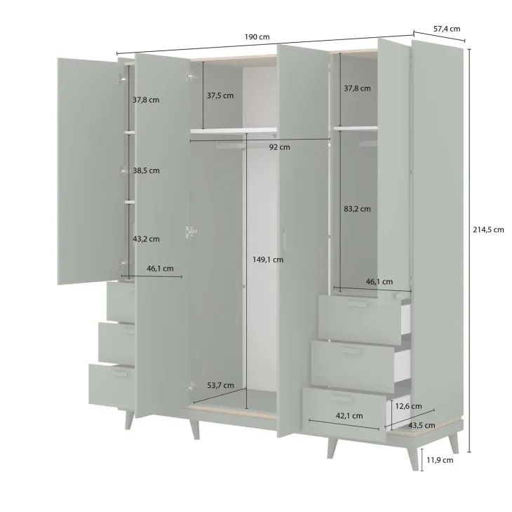 Armadio 190x215h cm 4 ante 6 cassetti verde salvia Yu