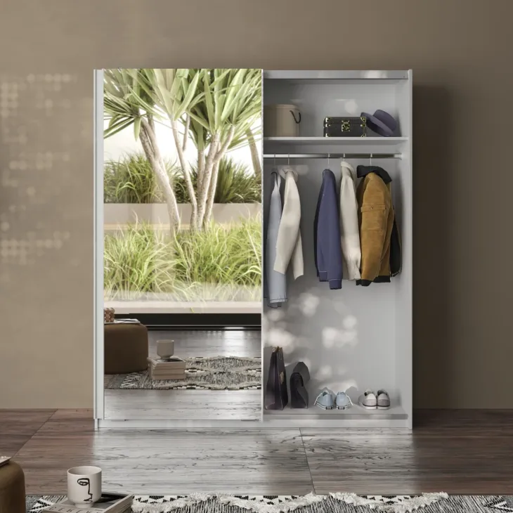 Armadio 180x210h cm 2 ante con 1 anta a specchio bianco lucido Clappy