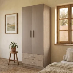Armadio 80x191h cm 2 ante con cassetti moderno rovere scuro marrone Carlino