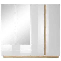 Armadio 220x203h cm 4 ante con cassetti moderno bianco lucido rovere Noa