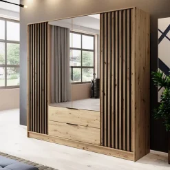 Armadio 206x200h cm 4 ante con specchio moderno quercia nero Miller